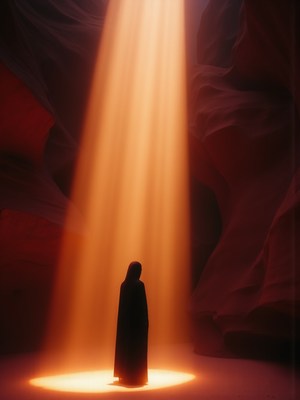Light beams illuminate a figure in a canyon