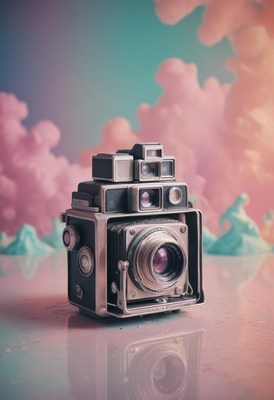 Vintage camera amidst dreamy pastel clouds