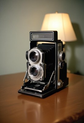 Vintage camera on wooden table with lamp in background