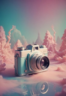 Vintage camera placed on colorful winter landscape