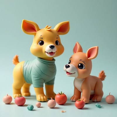 Cute cartoon dogs playing with colorful candies