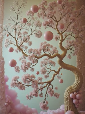 Decorative tree with pink blossoms and spheres