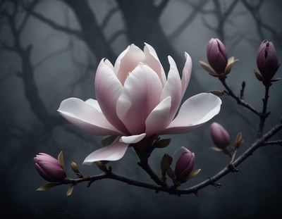 Magnolia blossom stands out in foggy twilight