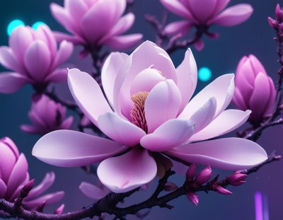 Magnificent magnolia blossoms under vibrant lights