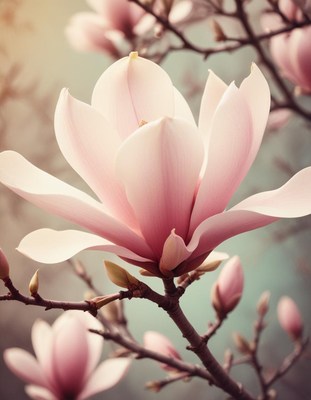 Magnolia flowers bloom in spring under soft sunlight