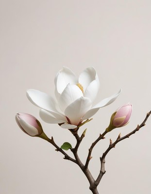 White magnolia blossom with pink buds on a branch
