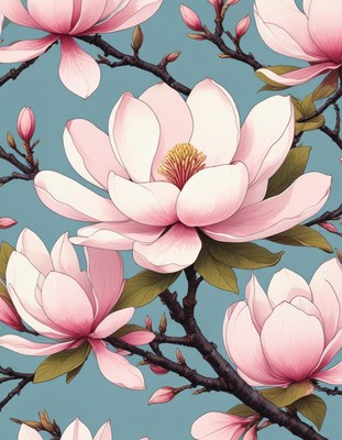 Magnolia flowers bloom on a soft blue backdrop