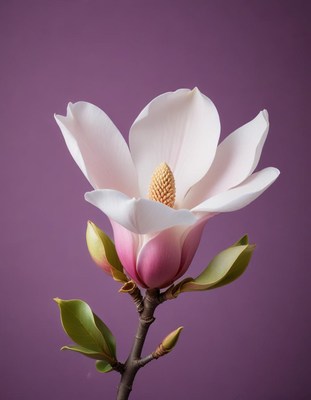 Delicate magnolia flower blooming against purple backdrop