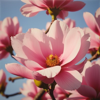 Beautiful pink magnolia flowers bloom under clear sky