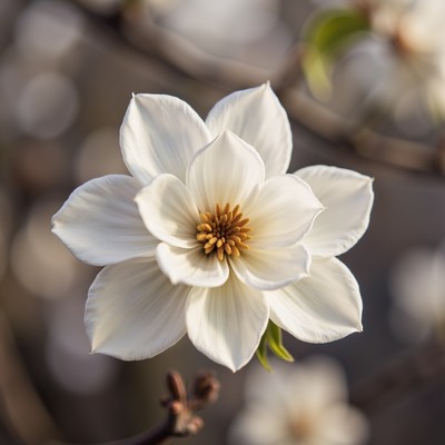 White magnolia flower blooming in spring sunlight