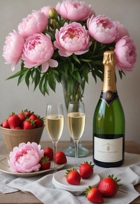 Celebration with pink peonies, champagne, and strawberries