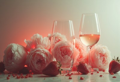 Romantic still life with flowers and glasses of drink
