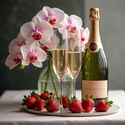 Celebrating with champagne and strawberries at a table