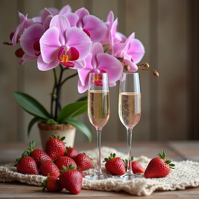 Sparkling drinks and strawberries with orchids on display