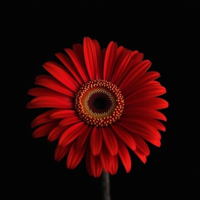 Bright red flower stands out against dark background