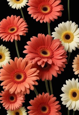 Vibrant gerbera daisies on black background