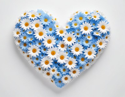 Colorful floral heart made of daisies and blue flowers