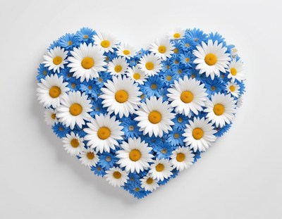 Floral heart shaped arrangement with blue and white flowers