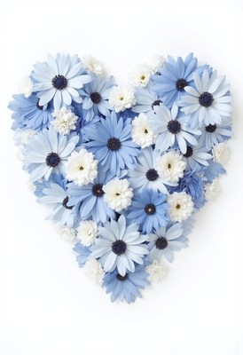 Blue and white flower arrangement in heart shape