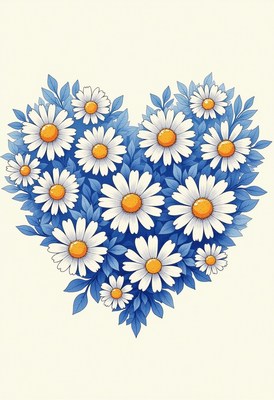 Heart-shaped arrangement of white daisies with blue leaves