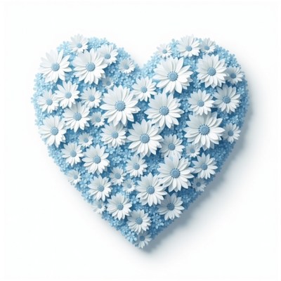 Heart-shaped arrangement of white flowers and blue accents