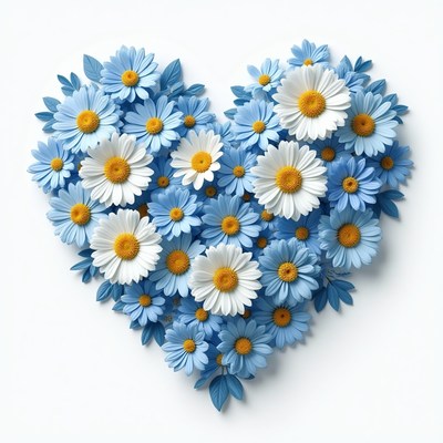 Heart-shaped arrangement of blue and white flowers