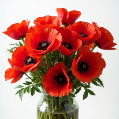 Bright red poppies in a glass vase brighten any space