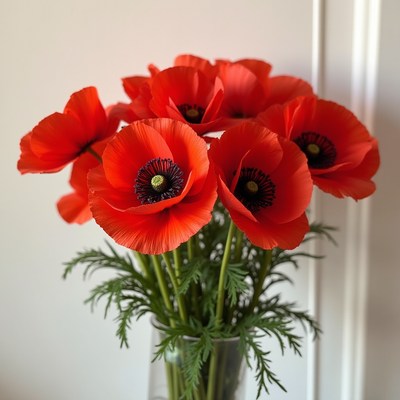 Bright red poppies in a clear vase on a white background