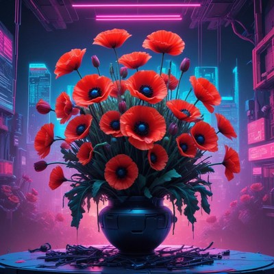 Vibrant poppy bouquet in a futuristic setting