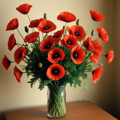 Bright red poppies arranged in a glass vase indoors
