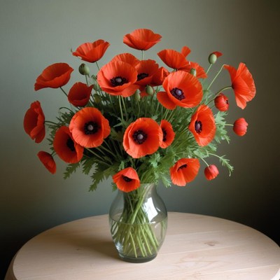Bright red poppy flowers in a glass vase on a wooden table