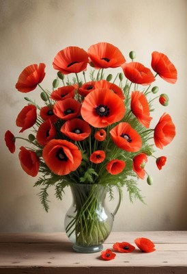 Bright red poppies in a glass vase on wooden table
