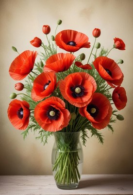 Bouquet of vibrant red poppies in a glass vase