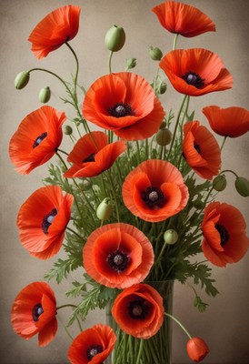 Bright red poppies arranged in a decorative vase
