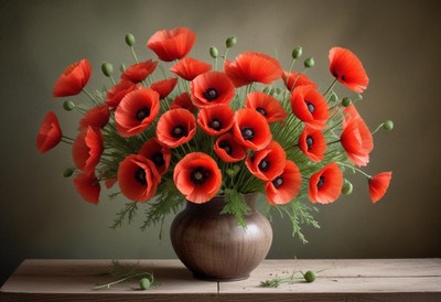 Vibrant red poppy flowers in a rustic vase on wooden table