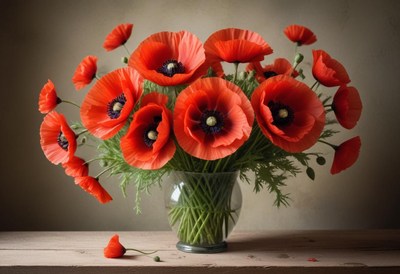 Vibrant red poppy bouquet in glass vase on wooden table