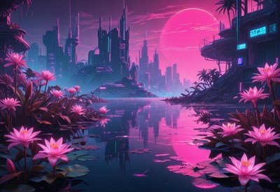Vibrant cityscape with pink sky and blooming flowers