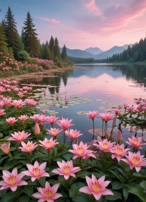 Beautiful pink lilies blooming by serene lake at dusk