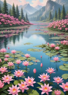 Serene lake with pink lilies and mountains in the background