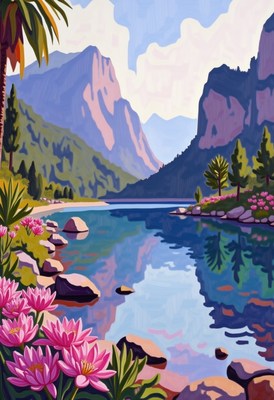 Scenic lake reflecting mountains with blooming lilies
