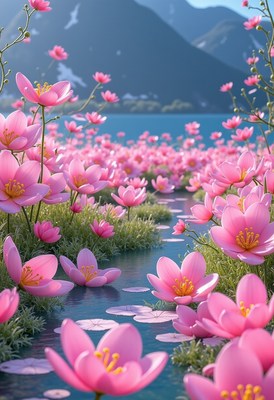 Blossoms flourish along a serene lakeshore at dawn