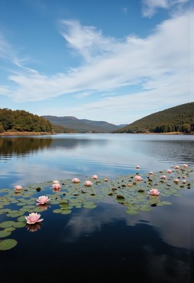Water lilies bloom in tranquil lake surrounded by mountains