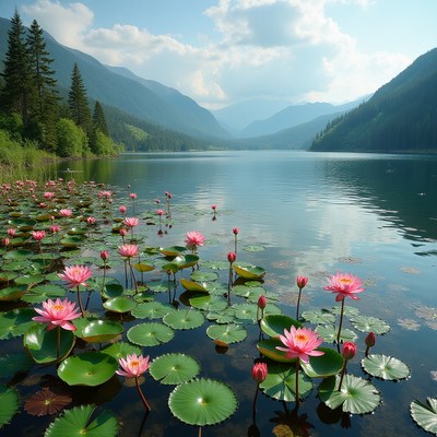 Lily flowers bloom on a serene mountain lake