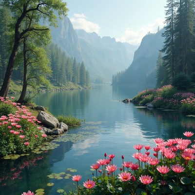 Mountains and peaceful lake with blooming flowers in spring