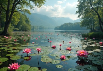 Lily pads bloom on a serene lake surrounded by mountains