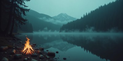 Campfire at twilight by a tranquil mountain lake