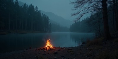 Campfire glowing by the misty lake in the evening