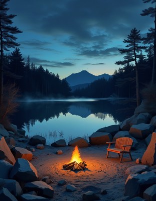 Campfire by the serene lake at dusk