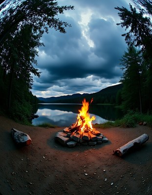 Campfire by the lake during twilight in nature