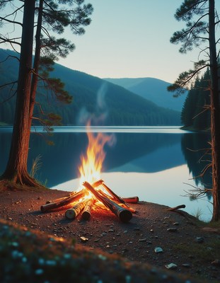 Campfire by the lake during twilight hours